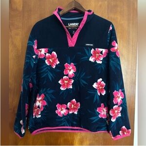 LANDS’ END HERITAGE QUARTER 1/4 SNAP FLEECE PULLOVER, GUC, Hibiscus, Size Med